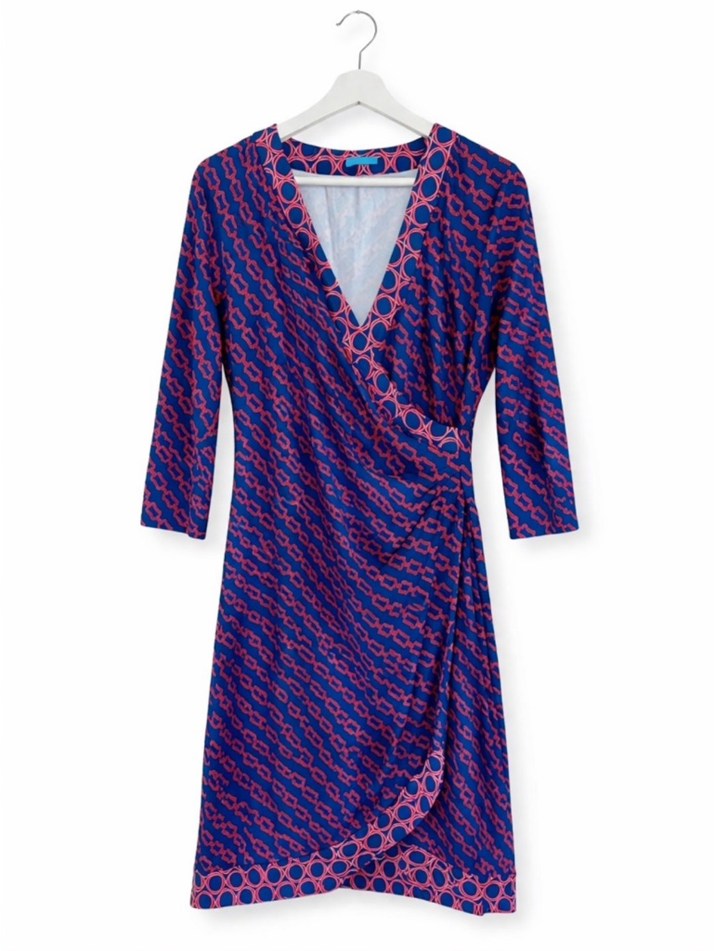 J. McLaughlin Blue Pink Chain Print Faux Wrap Dress 3/4 Sleeve - Small